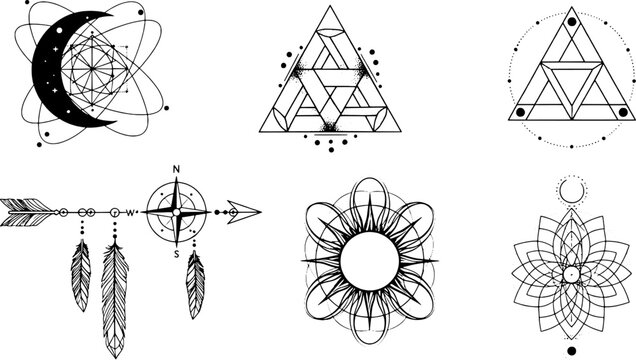 Spiritual Unalome Mandala and Mystic Geometric Symbol Tattoo Flash Vector Collection.