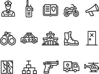 Police and law enforcement icons set, outline vector symbols for security, justice, emergency, and protection © Moksedul