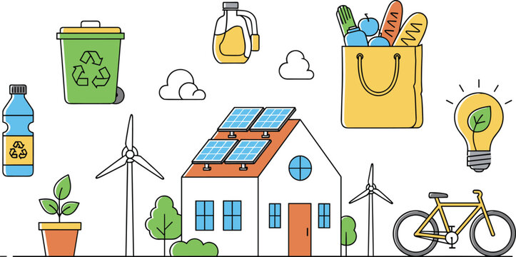 Eco friendly lifestyle with solar house wind turbines recycling and sustainable daily objects vector illustration