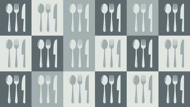 Seamless pattern with cutlery icons, spoon, fork and knife on a checkered background