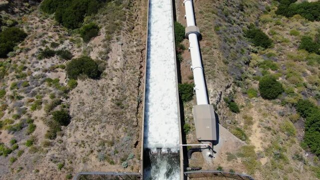 Top-Down Aerial of Los Angeles Aqueduct Surge Tank and Water Spillway