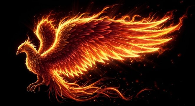 Fiery Phoenix Bird Rising from Ashes, Mythical Creature of Rebirth and Immortality, Glowing Orange and Red Flames