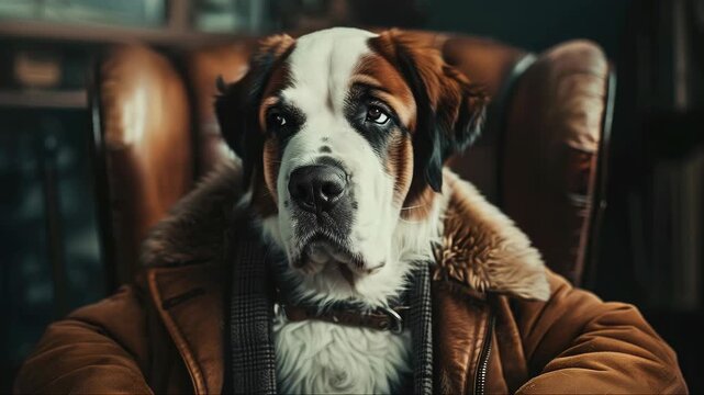 St. Bernard sits calmly in leather chair. Warm light highlights his gentle gaze. His thick coat looks soft and well cared for. Jacket's collar frames his sturdy face