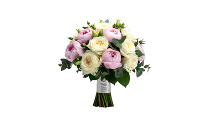 Fototapeta premium A bridal bouquet comprised of pink peonies, ivory roses, and lush greenery, tied with a delicate satin ribbon, isolated on black