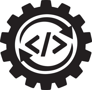 Circular gear icon featuring code bracket symbol inside design