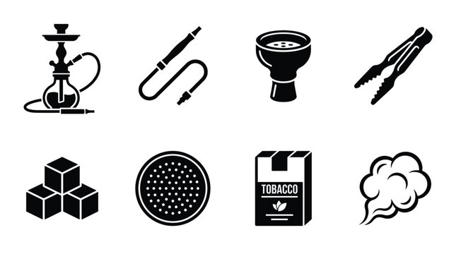 Comprehensive vector icon set of hookah and shisha accessories, including pipe, bowl, charcoal, tobacco, and smoke. Ideal for web, app, menu design.