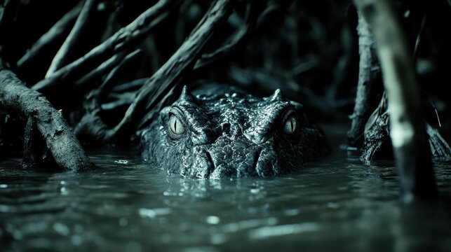Crocodile emerging from water with cold unblinking eyes