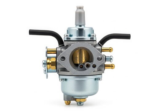 Close-up view of a carburetor with black throttle cables and brass fittings.