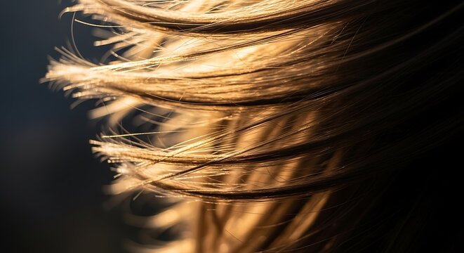 Golden sunlit hair blowing in the wind close up view for beauty concept