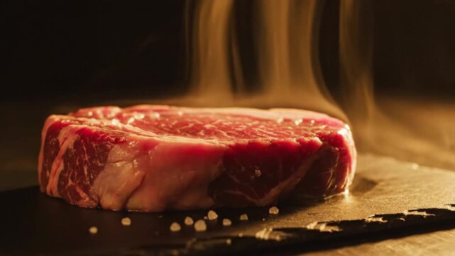 Raw beef steak with rising steam and dramatic golden lighting on slate