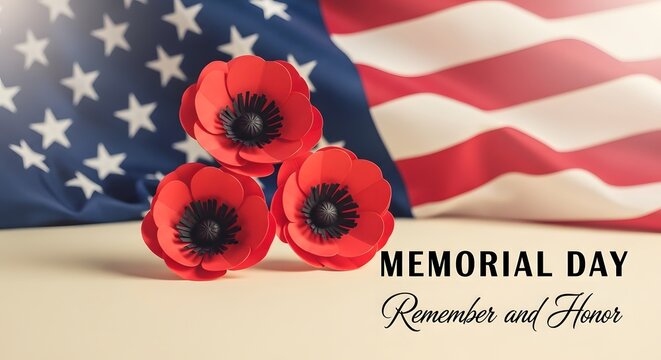 Memorial day remembrance red poppies and american flag