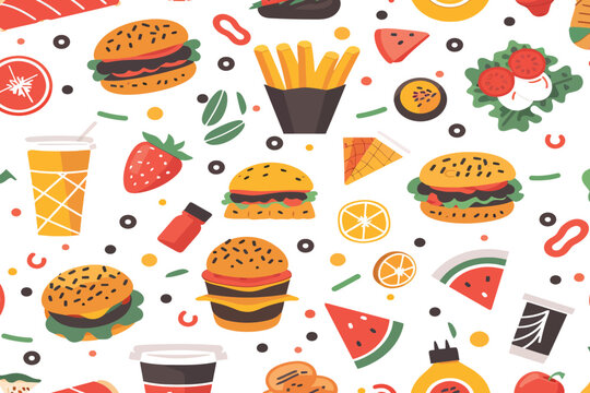 Seamless Pattern of Fast Food and Healthy Fruit Illustrations