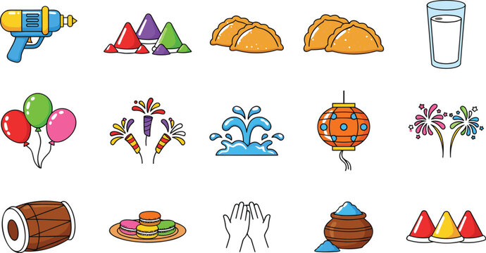 Colorful collection of Holi festival icons featuring water guns powders sweets and festive elements for celebration concept vector.