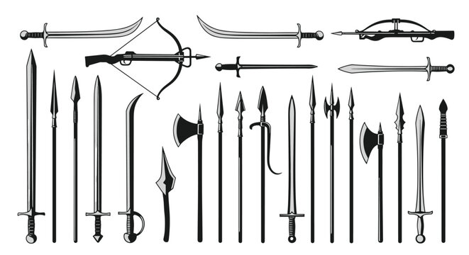 Large assortment of medieval weapons including swords spears axes and a crossbow are arranged in a black and white illustration.
