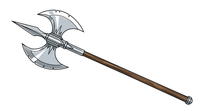 Fantasy double bladed battle axe with a sharp silver head and a long wooden handle isolated on a clean white background.