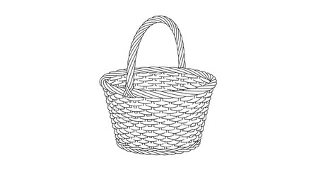 Obraz premium Detailed line art drawing shows an empty woven wicker basket with a single tall handle for carrying goods or flowers.