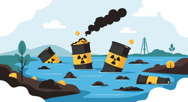 Environmental pollution scene depicts leaking radioactive waste barrels in a blue body of water with dark smoke and industry in the distance.