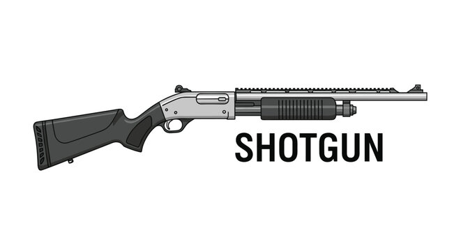 Modern pump-action shotgun with a tactical black stock and silver receiver is illustrated as a powerful firearm for defense or hunting.