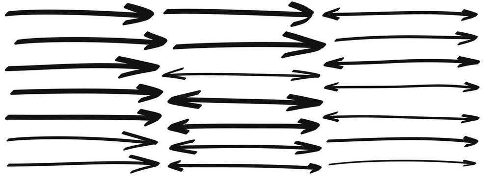 Hand Drawn Black Horizontal Arrows Set, Doodle Straight Pointers Collection on Transparent Background, Sketchy Double Sided Directional Symbols, Line Divider Elements, Marker Scribble Clip Art