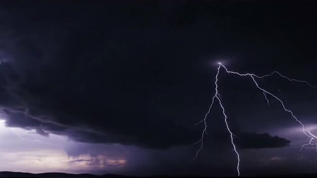 Intense Forked Lightning Dynamic medium shot capturing a powerful, intricate forked lightning bolt flashing brightly against a dark, tumultuous sky.