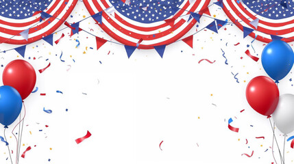 Obraz premium Bright Red And Blue Confetti Ribbon Falling Isolated On White Background. Celebration & Party. American flag color concept. Vector 