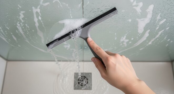 Hand cleaning shower wall with squeegee and soap