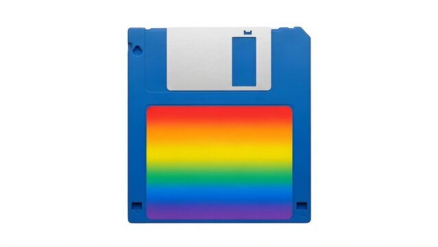 A colorful floppy disk with a rainbow label on transparent background