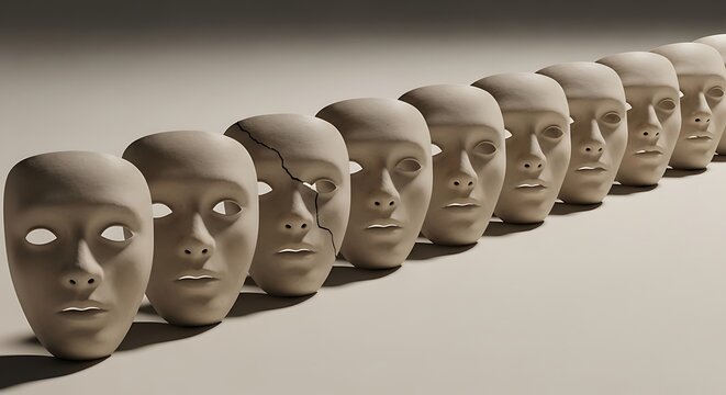 Row of human face masks with one cracked mask representing identity loss