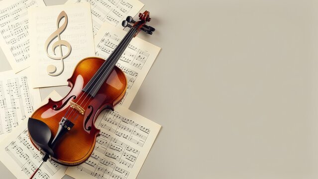 Violin with Sheet Music and Treble Clef on Light Background with Copy Space