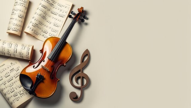 Violin with Sheet Music and Treble Clef on Light Background with Copy Space