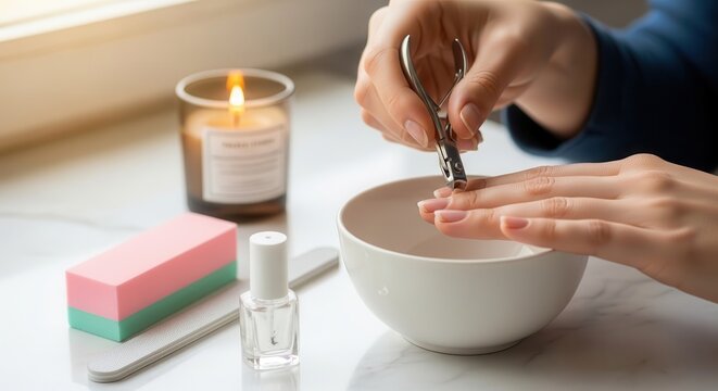 Woman cutting fingernails with nail clippers at home