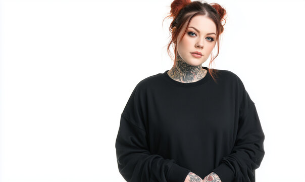 Plus size female model wearing a blank black sweatshirt on a white background. Emo, alternative, punk, goth, tattoos, unconventional, casual pose, e-commerce style photography. Perfect for mockup.