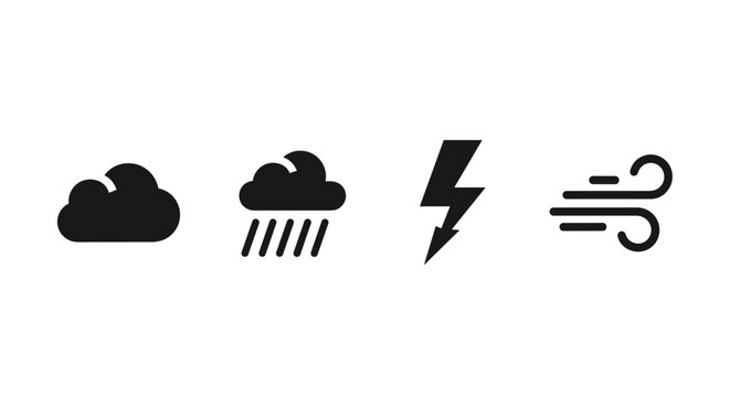 Weather icons show rain, stormy clouds, lightning, and strong wind conditions.