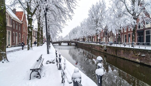 Snowy canal lined with trees and buildings; quaint winter scene, overcast