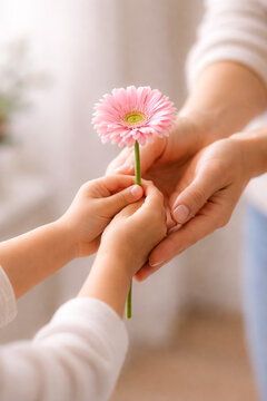 Close-up of child hands giving flower to adult hands, Mother&rsquo;s Day concept, love and care, soft natural light, emotional moment.