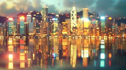 Fototapeta premium Futuristic finance wallpaper, reflective cityscape, neon gold highlights.