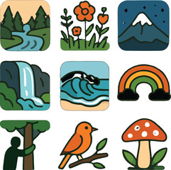 Naklejka premium Hand Drawn Nature and Outdoor Adventure Vector Icon Set with Mountains and Wildlife.
