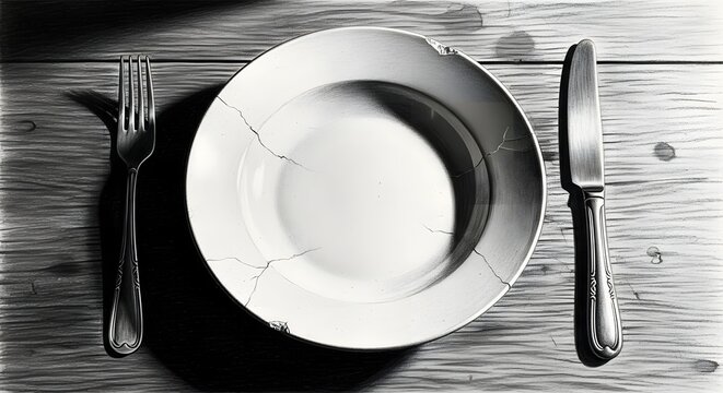 Stark monochrome image of a severely cracked dinner plate, fork, and knife on a distressed wooden table, evoking themes of scarcity, brokenness, and hardship