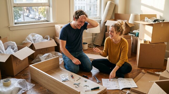 Couple assembling flat-pack furniture in a new apartment, surrounded by moving boxes and tools