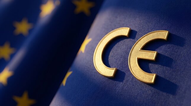 European Union CE Marking certification emblem on flag with stars