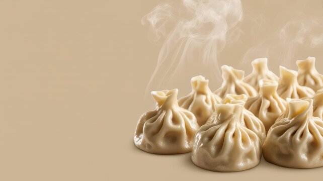 Steaming khinkali dumplings arranged on a solid beige background