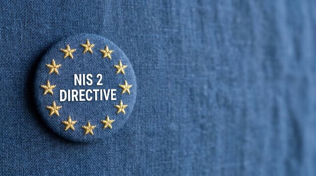 Illustrative badge highlighting the NIS 2 Directive, a crucial framework for enhanced digital resilience and cybersecurity regulations across member states, displayed on a textured blue surface