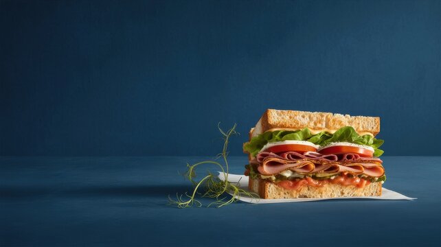 Toasted sandwich with sliced ham tomato and lettuce on a dark blue background