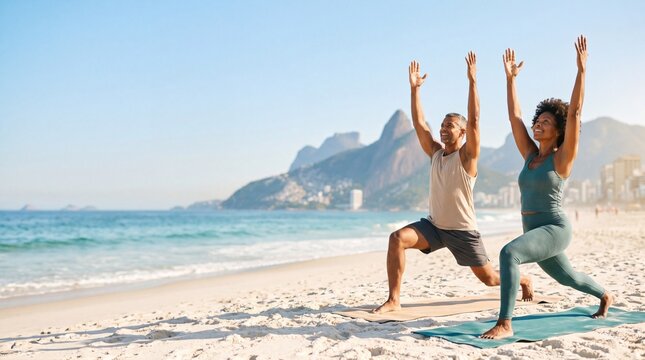 Active senior couple practicing yoga in warrior pose on a sunny beach in Rio de Janeiro, Brazil