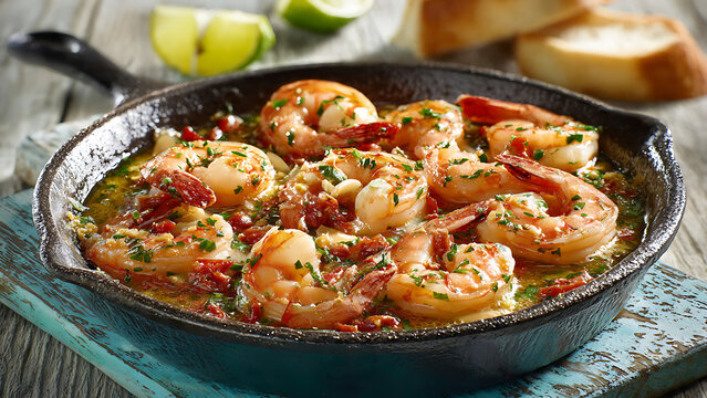 Realistic Food Photography of Cuban Camarones al Ajillo - Garlic Shrimp in Olive Oil and Lime Sauce