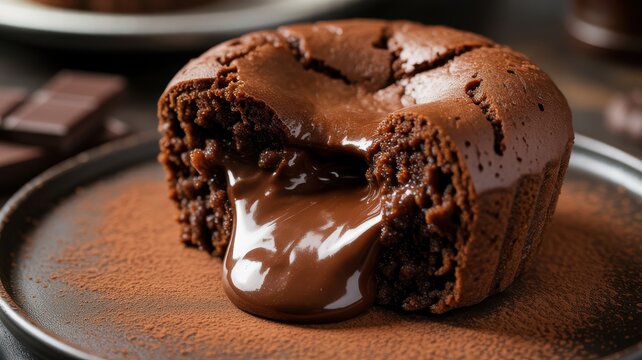Chocolate lava cake with molten center on a plate dusted with cocoa powder
