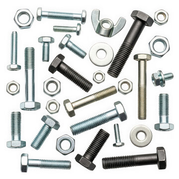 Assorted metal bolts and screws in various sizes and finishes for construction use