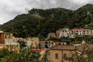 Obraz premium Scenic panoramic aerial inland Amalfi vista on a heavily overcast springtime day, Amalfi Coast, Campania, Southern Italy