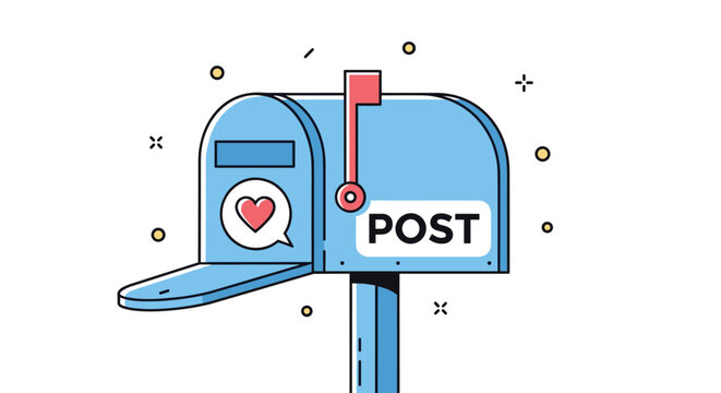 Illustration of a blue mailbox on a post with an open door showing a red heart icon and the word post on the side.