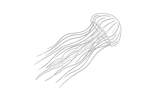 Detailed black and white line drawing sketch of a jellyfish swimming with long flowing tentacles on white background.